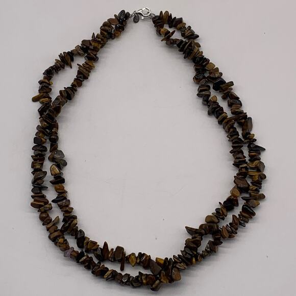 Double Strand Tiger's Eye Chip Necklace Sterling Silver Clasp - Picture 6 of 9